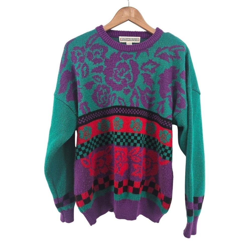 Joan Harper Sweater Womens Large Multi Color Vintage 80s Floral Geometric Knit